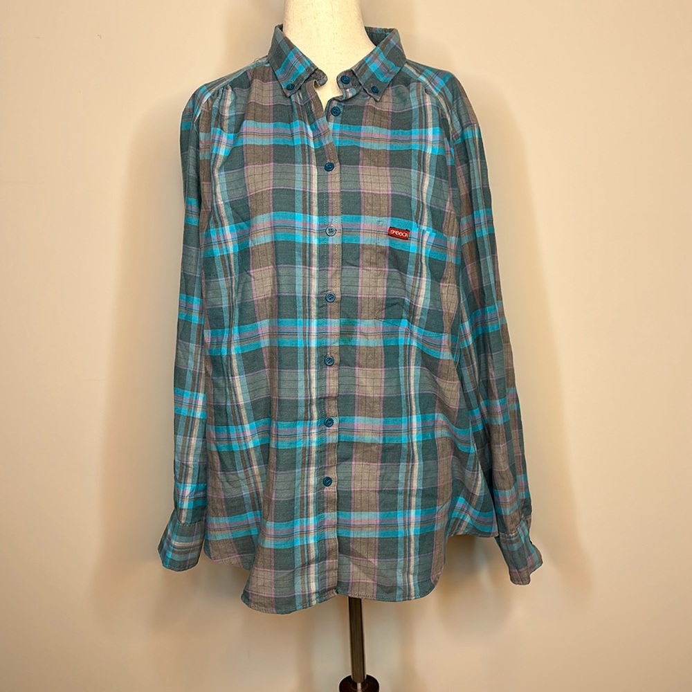 Sz L Sasson plaid button front top 1980s 80s New York Paris teal purple